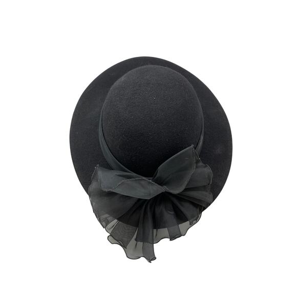 Arlin Black Wool Wide Brim Hat Vintage 1950s Bow Trim Made in USA
